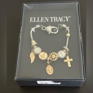 Ellen Tracy Gold and Silver tone Charm Bracelet with Cross and Wing. New in box.